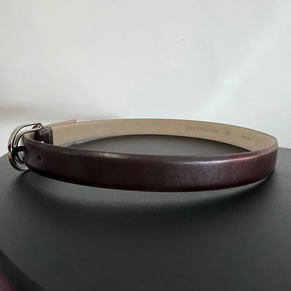 Nine West Dark Brown Genuine Leather Belt Women’s S/M Silver Double Loop Buckle